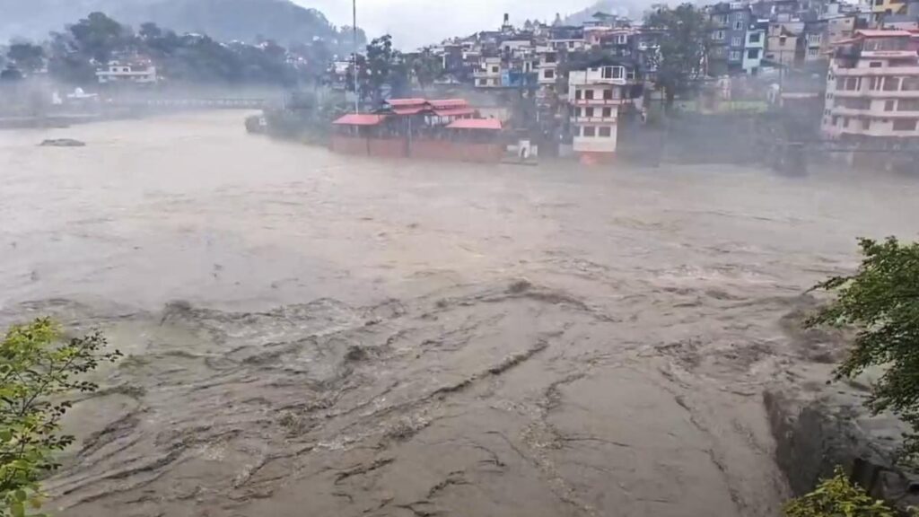 The Junction of the Beas and Suketi rivers flowing in spate after cloudburst, in Mandi district, on July 1, 2025. Photo credit :PTI
